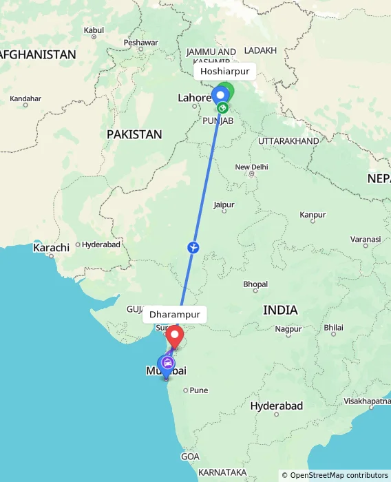 Route map showing distance and travel time from Hoshiarpur, India to Dharampur, India