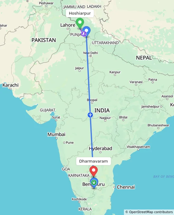 Route map showing distance and travel time from Hoshiarpur, India to Dharmavaram, India
