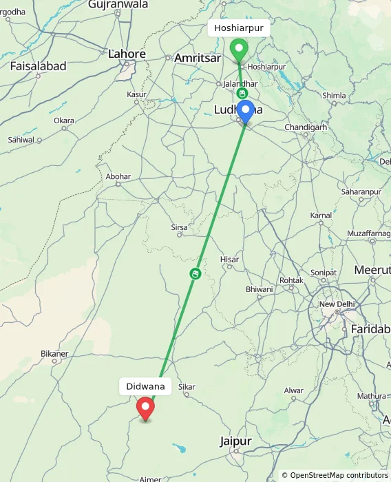 Route map showing distance and travel time from Hoshiarpur, India to Didwana, India
