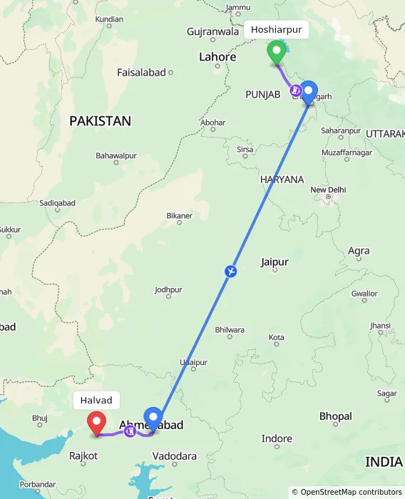 Route map showing distance and travel time from Hoshiarpur, India to Halvad, India