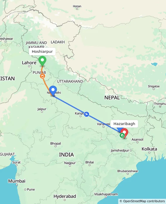 Route map showing distance and travel time from Hoshiarpur, India to Hazaribagh, India