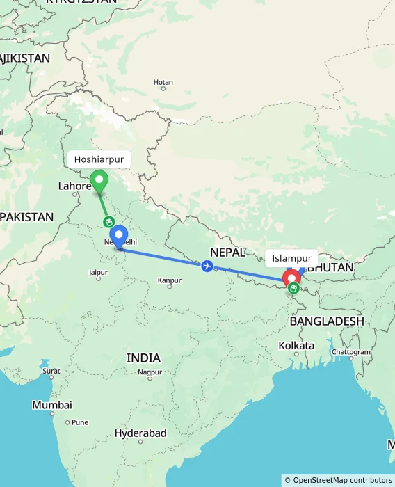 Route map showing distance and travel time from Hoshiarpur, India to Islampur, India