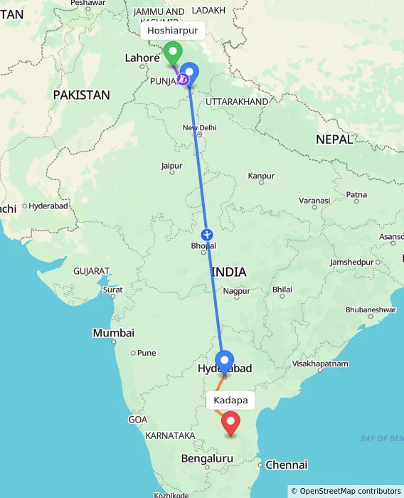 Route map showing distance and travel time from Hoshiarpur, India to Kadapa, India