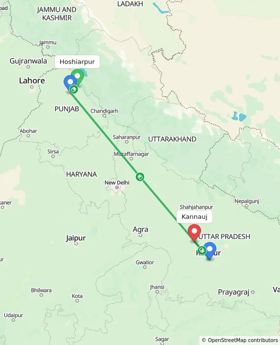 Route map showing distance and travel time from Hoshiarpur, India to Kannauj, India
