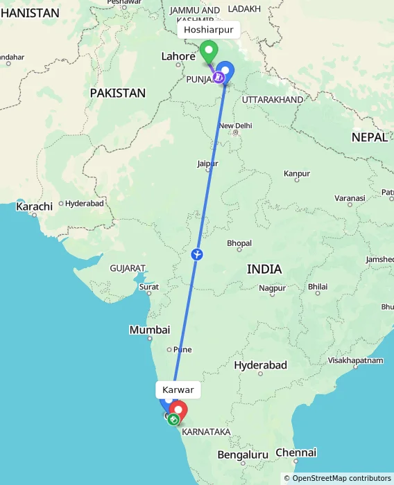 Route map showing distance and travel time from Hoshiarpur, India to Karwar, India