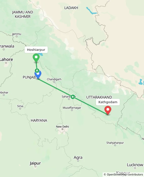 Route map showing distance and travel time from Hoshiarpur, India to Kathgodam, India