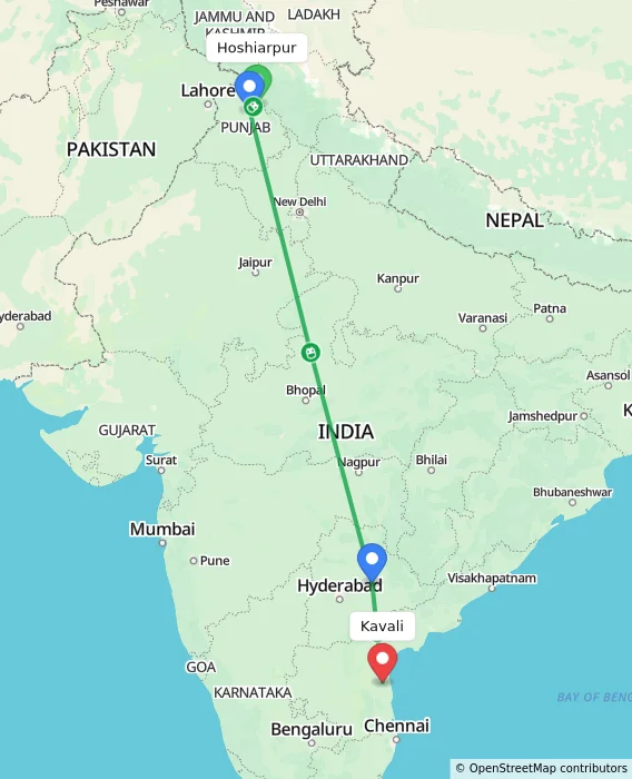 Route map showing distance and travel time from Hoshiarpur, India to Kavali, India