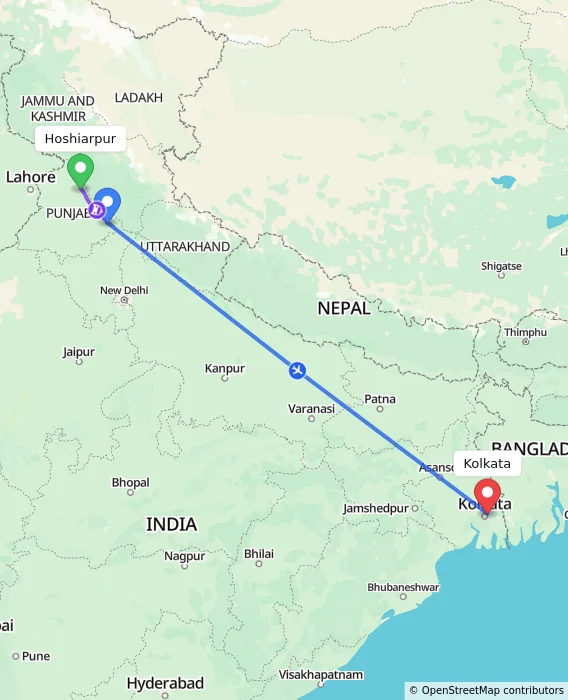 Route map showing distance and travel time from Hoshiarpur, India to Kolkata, India