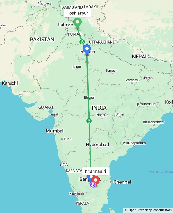Route map showing distance and travel time from Hoshiarpur, India to Krishnagiri, India
