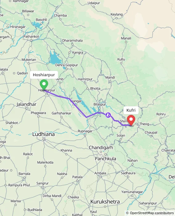 Route map showing distance and travel time from Hoshiarpur, India to Kufri, India