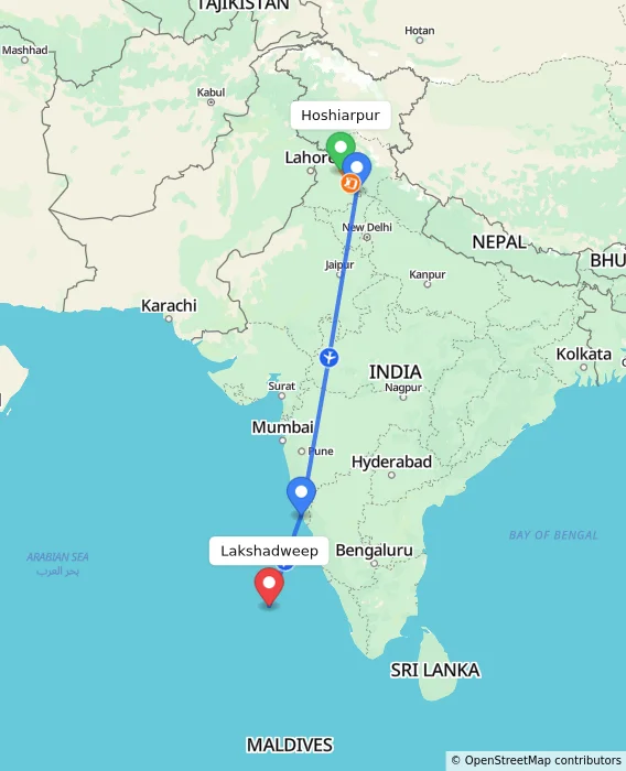 Route map showing distance and travel time from Hoshiarpur, India to Lakshadweep, India