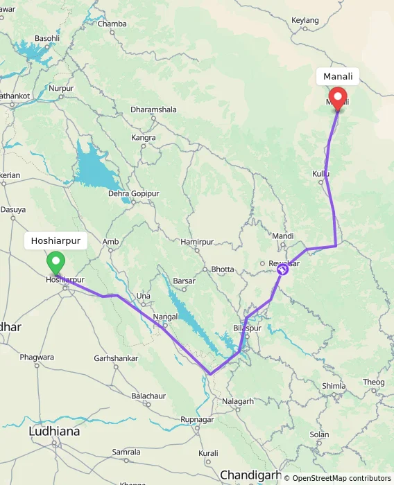 Route map showing distance and travel time from Hoshiarpur, India to Manali, India
