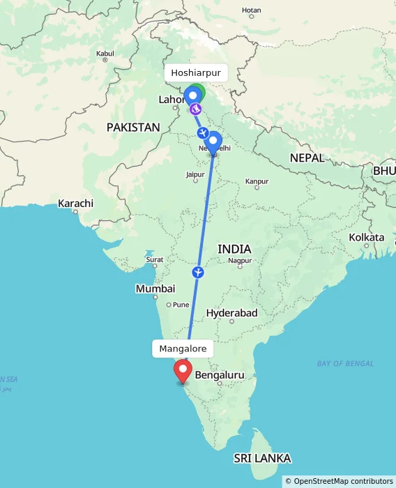 Route map showing distance and travel time from Hoshiarpur, India to Mangalore, India