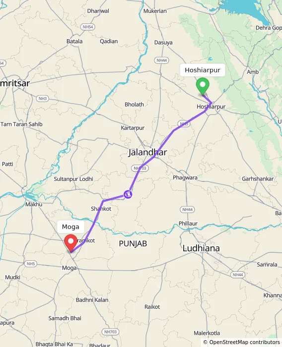 Route map showing distance and travel time from Hoshiarpur, India to Moga, India