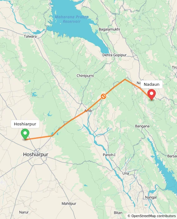 Route map showing distance and travel time from Hoshiarpur, India to Nadaun, India