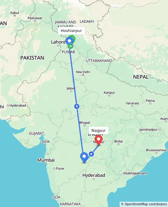 Route map showing distance and travel time from Hoshiarpur, India to Nagpur, India