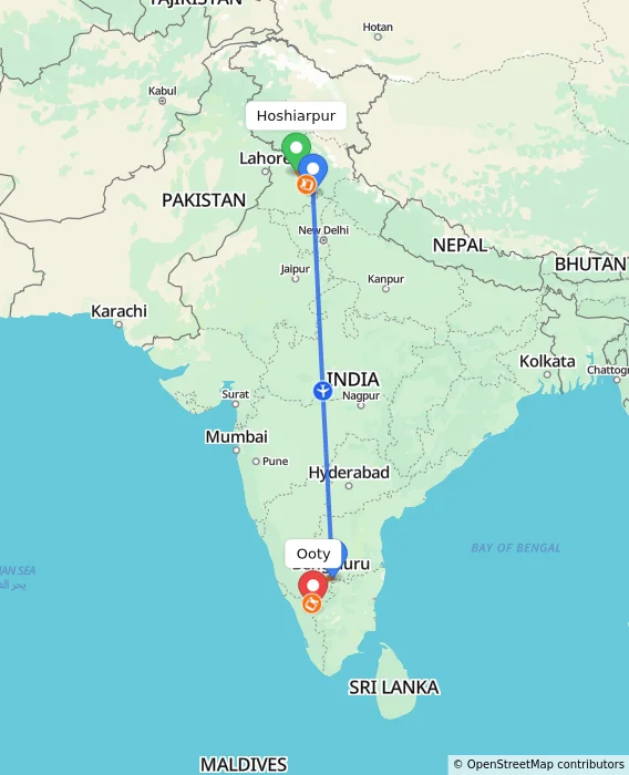 Route map showing distance and travel time from Hoshiarpur, India to Ooty, India