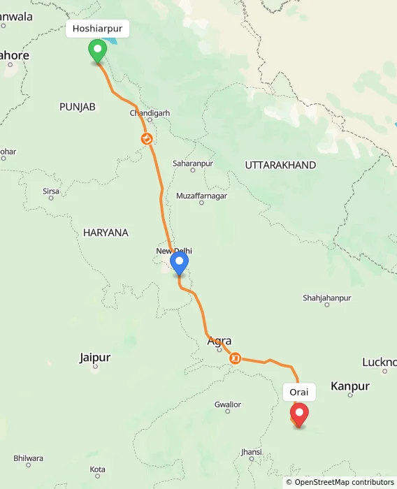 Route map showing distance and travel time from Hoshiarpur, India to Orai, India