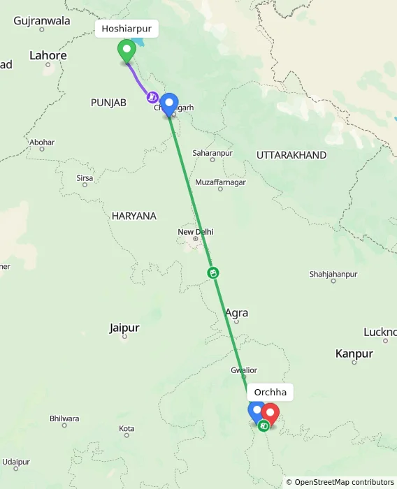 Route map showing distance and travel time from Hoshiarpur, India to Orchha, India