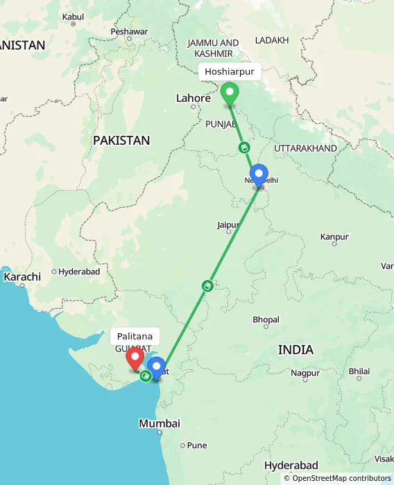 Route map showing distance and travel time from Hoshiarpur, India to Palitana, India