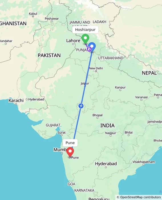 Route map showing distance and travel time from Hoshiarpur, India to Pune, India