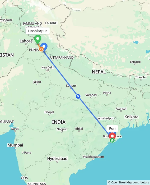 Route map showing distance and travel time from Hoshiarpur, India to Puri, India