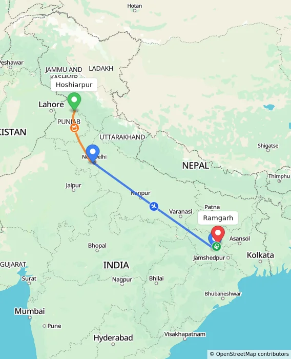 Route map showing distance and travel time from Hoshiarpur, India to Ramgarh, India