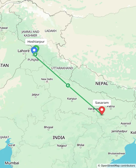 Route map showing distance and travel time from Hoshiarpur, India to Sasaram, India