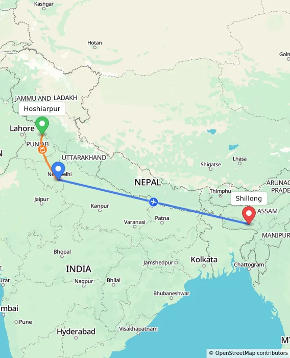 Route map showing distance and travel time from Hoshiarpur, India to Shillong, India