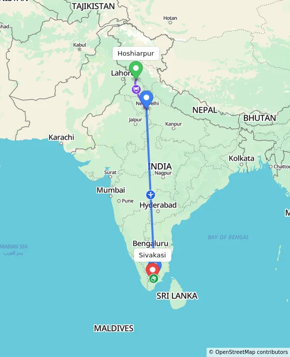 Route map showing distance and travel time from Hoshiarpur, India to Sivakasi, India