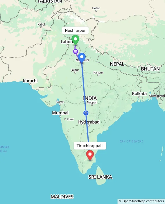 Route map showing distance and travel time from Hoshiarpur, India to Tiruchirappalli, India