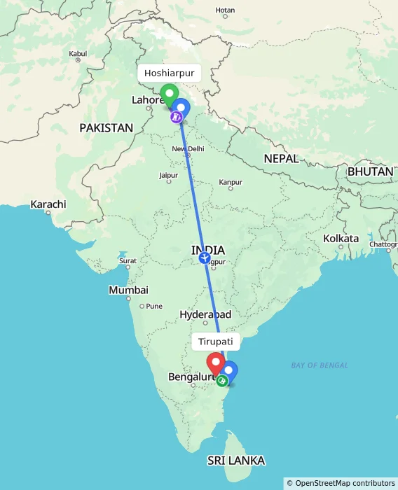 Route map showing distance and travel time from Hoshiarpur, India to Tirupati, India