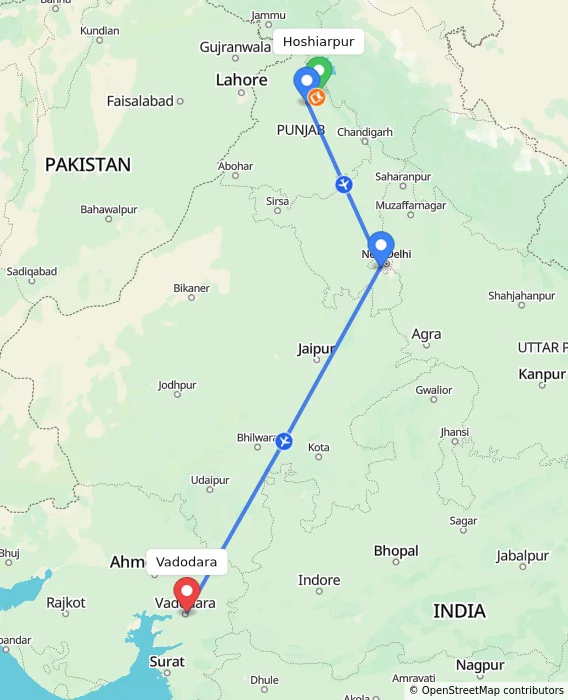 Route map showing distance and travel time from Hoshiarpur, India to Vadodara, India