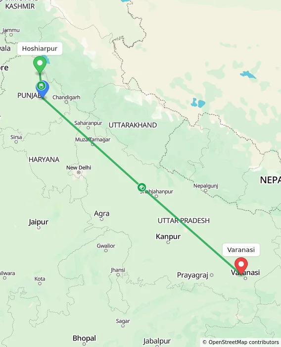 Route map showing distance and travel time from Hoshiarpur, India to Varanasi, India