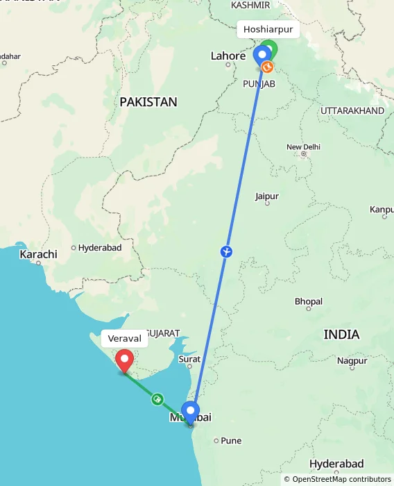 Route map showing distance and travel time from Hoshiarpur, India to Veraval, India