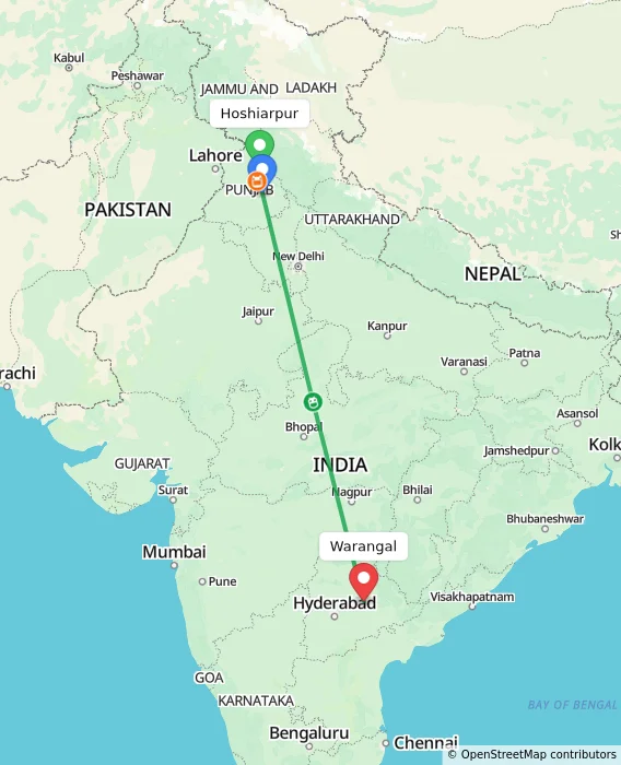 Route map showing distance and travel time from Hoshiarpur, India to Warangal, India