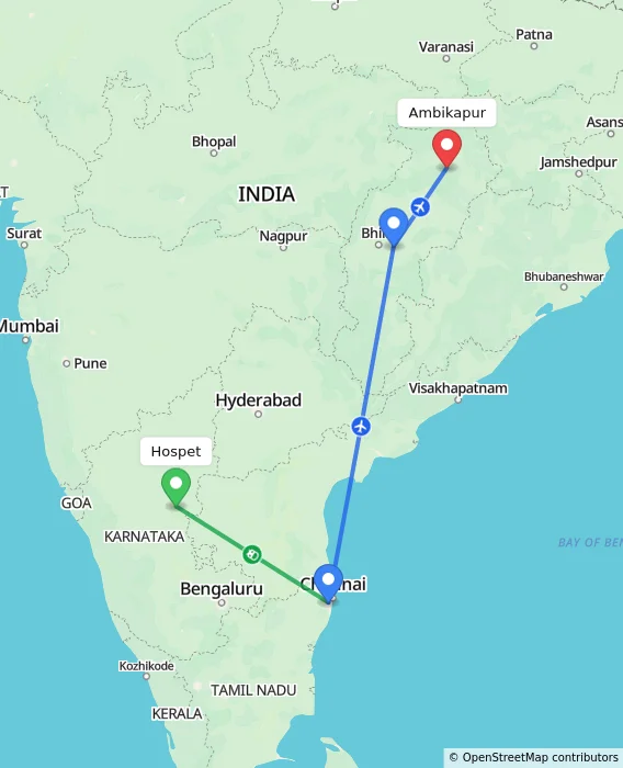 Route map showing distance and travel time from Hospet, India to Ambikapur, India