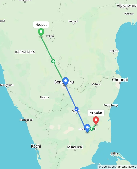 Route map showing distance and travel time from Hospet, India to Ariyalur, India