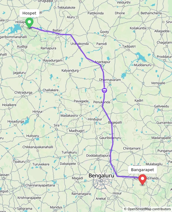 Route map showing distance and travel time from Hospet, India to Bangarapet, India