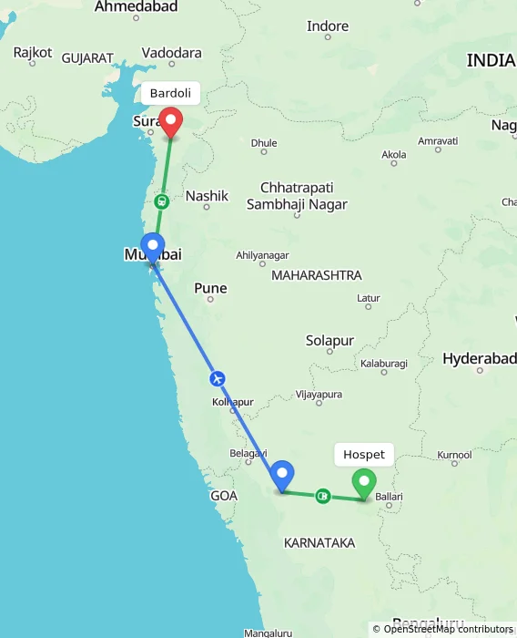 Route map showing distance and travel time from Hospet, India to Bardoli, India