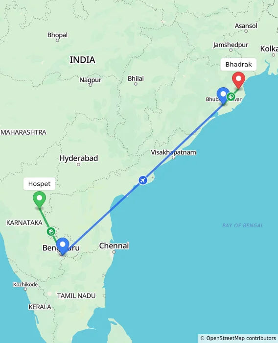 Route map showing distance and travel time from Hospet, India to Bhadrak, India