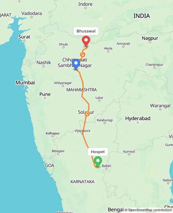 Route map showing distance and travel time from Hospet, India to Bhusawal, India
