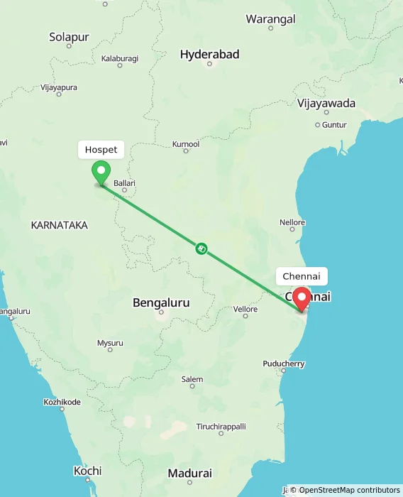 Route map showing distance and travel time from Hospet, India to Chennai, India