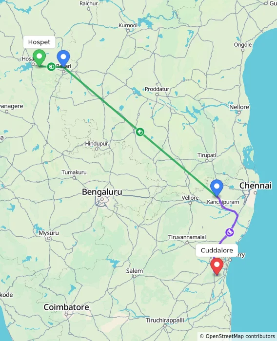 Route map showing distance and travel time from Hospet, India to Cuddalore, India