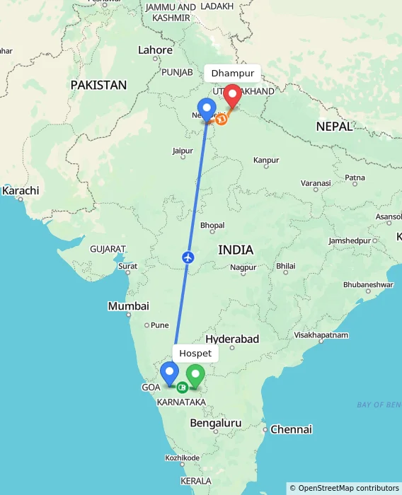Route map showing distance and travel time from Hospet, India to Dhampur, India
