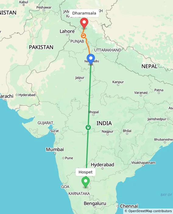Route map showing distance and travel time from Hospet, India to Dharamsala, India