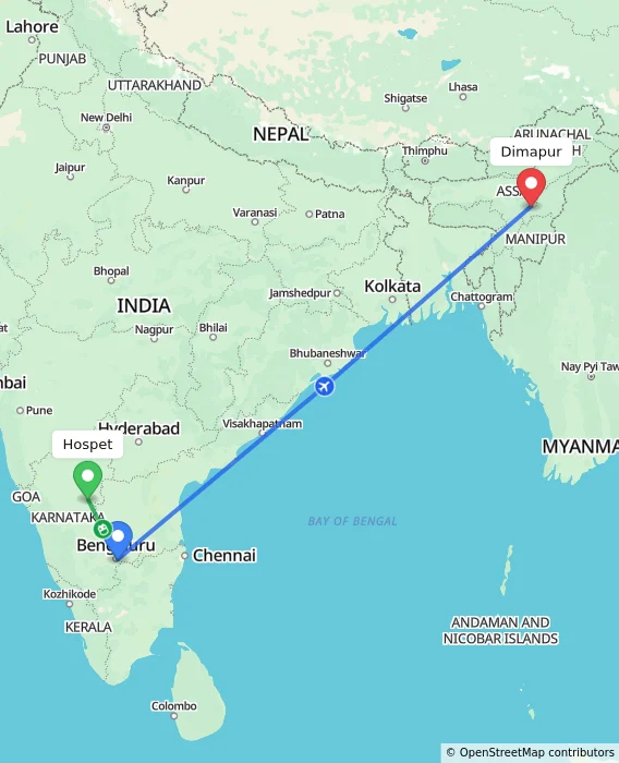 Route map showing distance and travel time from Hospet, India to Dimapur, India