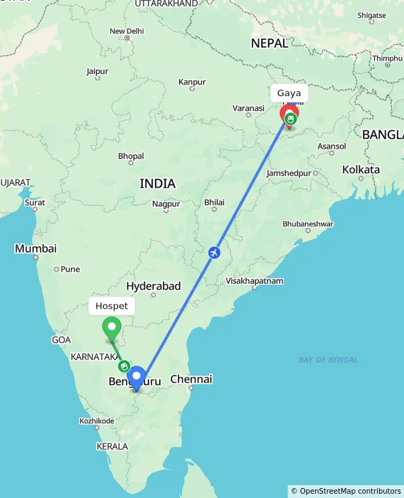 Route map showing distance and travel time from Hospet, India to Gaya, India
