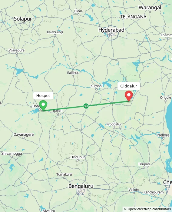 Route map showing distance and travel time from Hospet, India to Giddalur, India