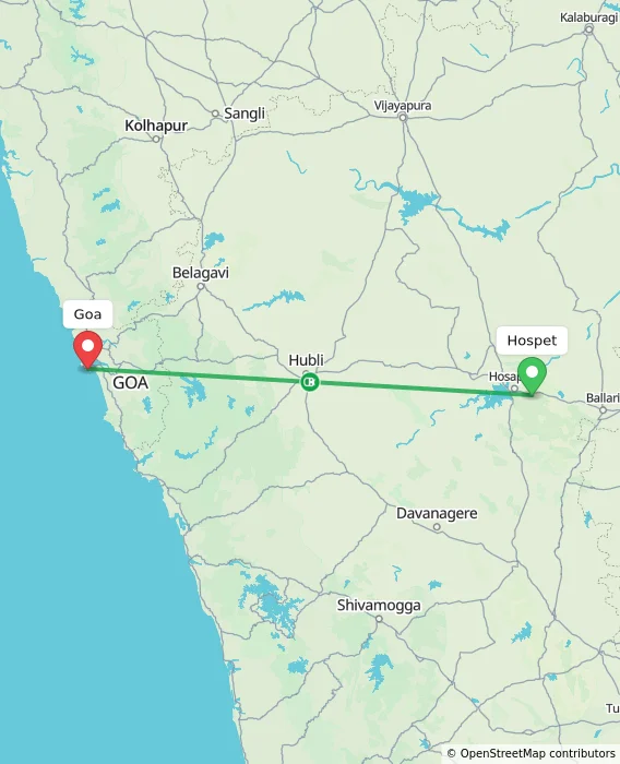 Route map showing distance and travel time from Hospet, India to Goa, India